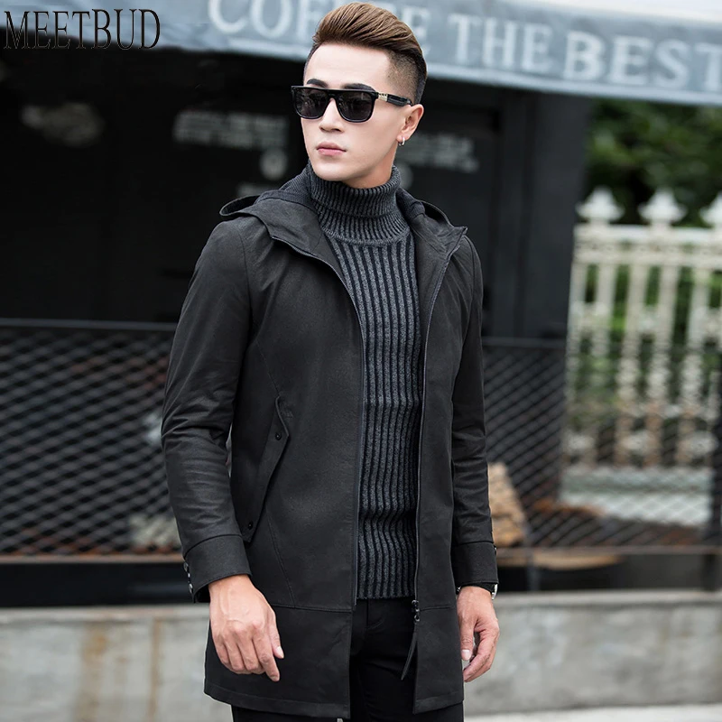 MEETBUD Men genuine leather jacket wind coats with hooded slim fit ...