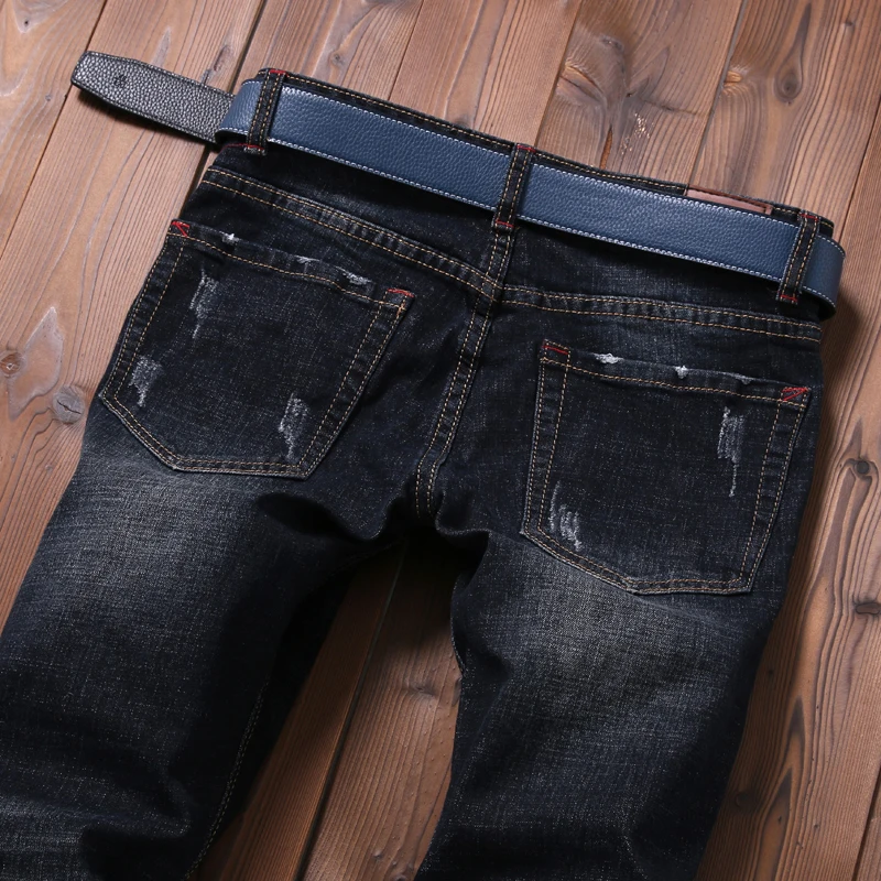 Mince Longueur Pleine Déchiré Vintage Épissage Pantalons Denim Trous D'été Pantalon Hommes Jeans Droite Moto Noir FqEZZw
