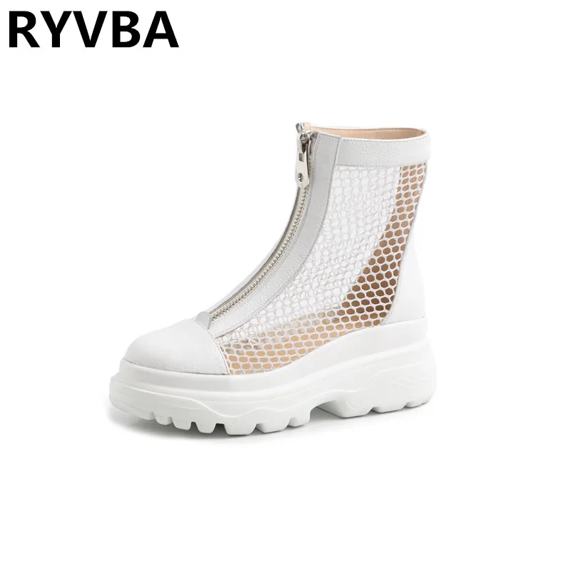 

RYVBA 2019 woman 6cm wedges heels summer genuine leather ankle boots shoes for women platform mesh boots sandals sandalias mujer