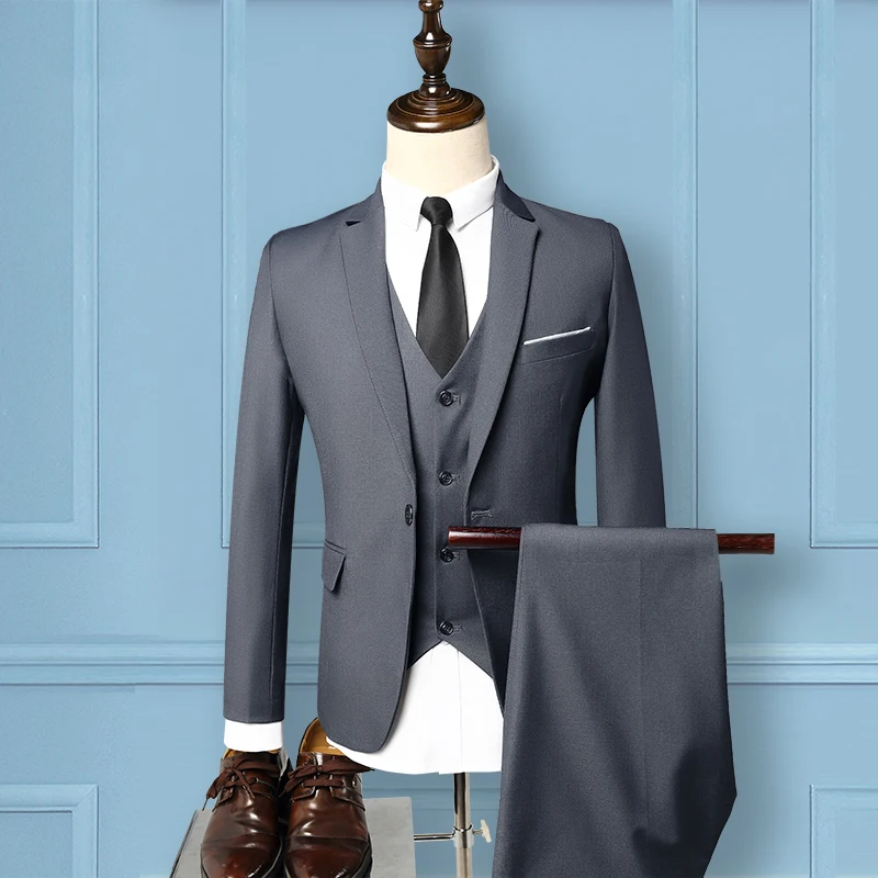 Мужской костюм, комплект из 3 предметов, свадебное платье для жениха, деловой Тонкий однотонный высококачественный костюм(Блейзер+ жилет+ брюки), Модный классический мужской костюм