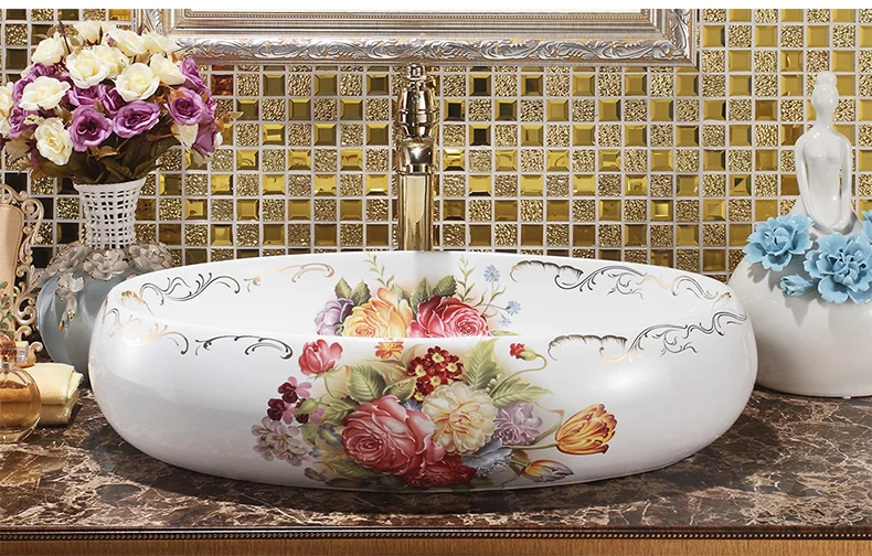 Раковина керамическая овальная с узором в виде Розы|porcelain sink|vintage porcelain sinkbathroom sink |