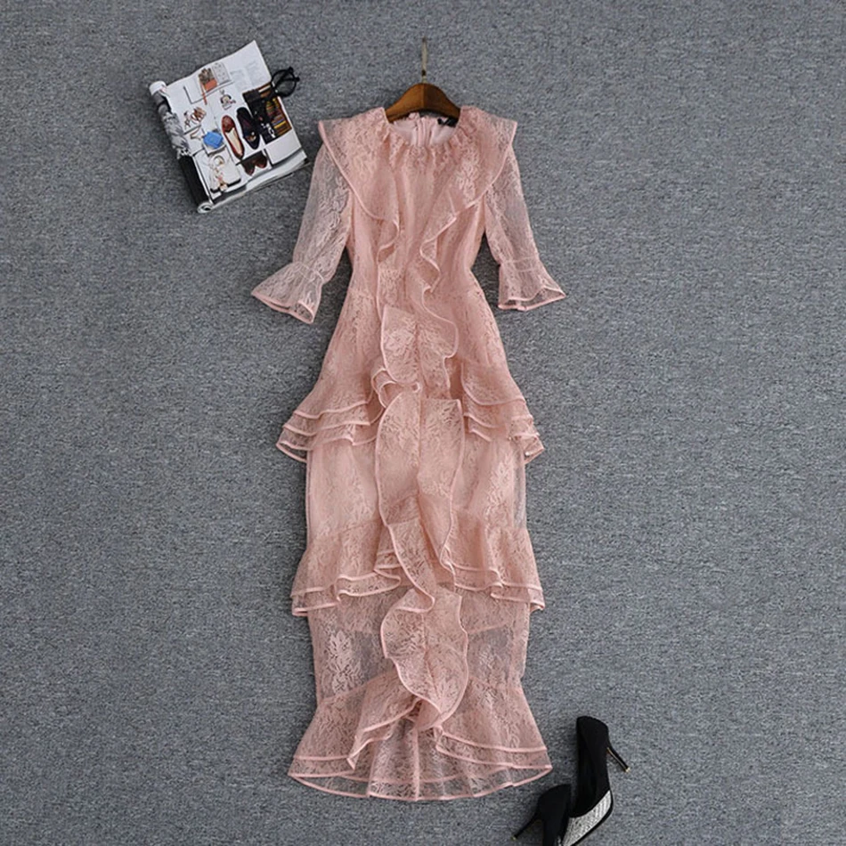 Розовое очень длинное кружевное платье с круглым вырезом и оборками, с коротким рукавом, многослойное платье русалки, праздничное платье