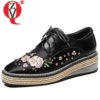 

ZVQ women casual shoes heels square toe embroider novelty spring genuine leather platform wedges good quality brand shoes 2019