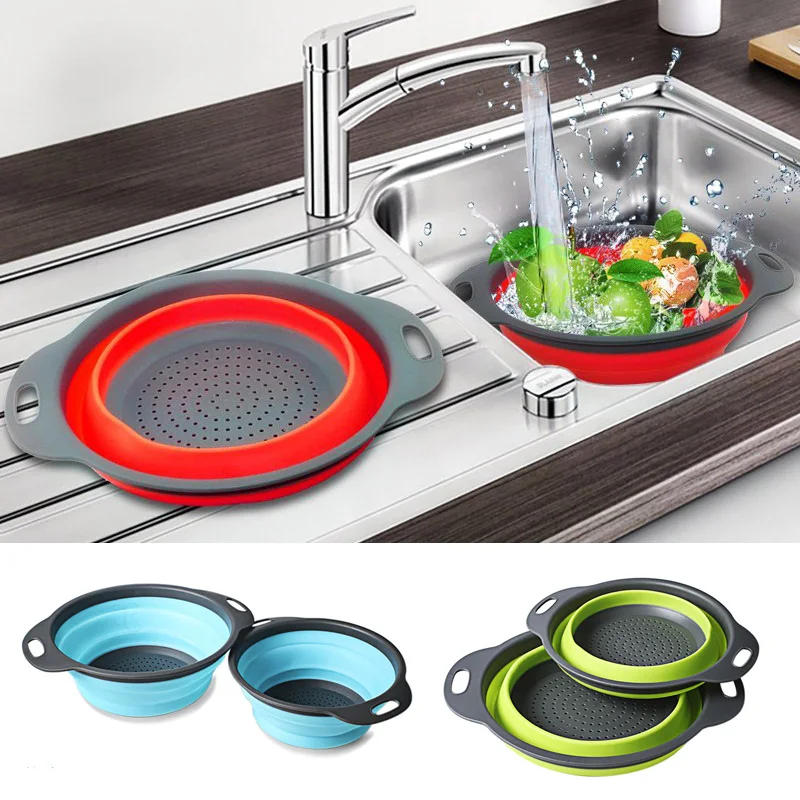 

Foldable 5Colors Silicone High Quality Colander With Handle Vegetable Kitchen Accessories New Durable Washing Basket Strainer