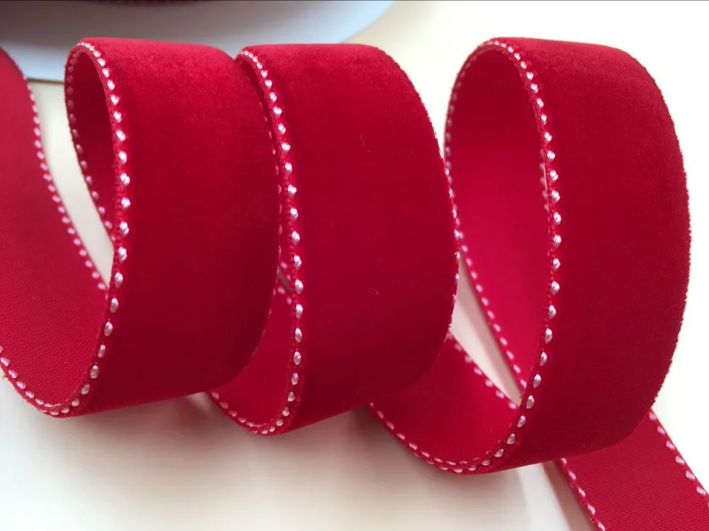 5yards Lot 1" 2.5CM 25MM Red Velvet Ribbon with white stitches for gift hair ribbons bows