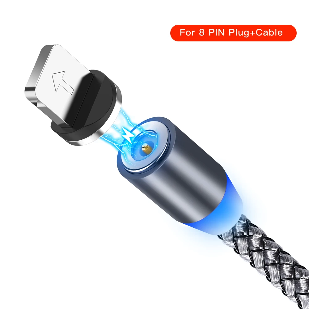 Светодиодный кабель для зарядки с магнитным разъемом типа C, 8 PIN, кабель для зарядки для Iphone X 7, магнитный суперзарядный кабель для huawei P20, шнур для быстрой зарядки - Цвет: Gray For Iphone