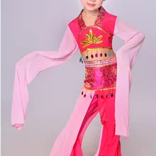 Детский костюм для классических танцев с длинным рукавом розово-красный/зеленый Древние Традиционные танцевальный костюм Yangko танцевальные костюмы