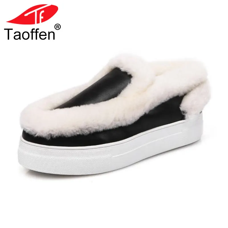 

TAOFFEN Women Genuine Leather Platform Winter Boots Women Plush Fur Wedges Ankle Boots Warm Shoes For Women Fotowear Size 34-39