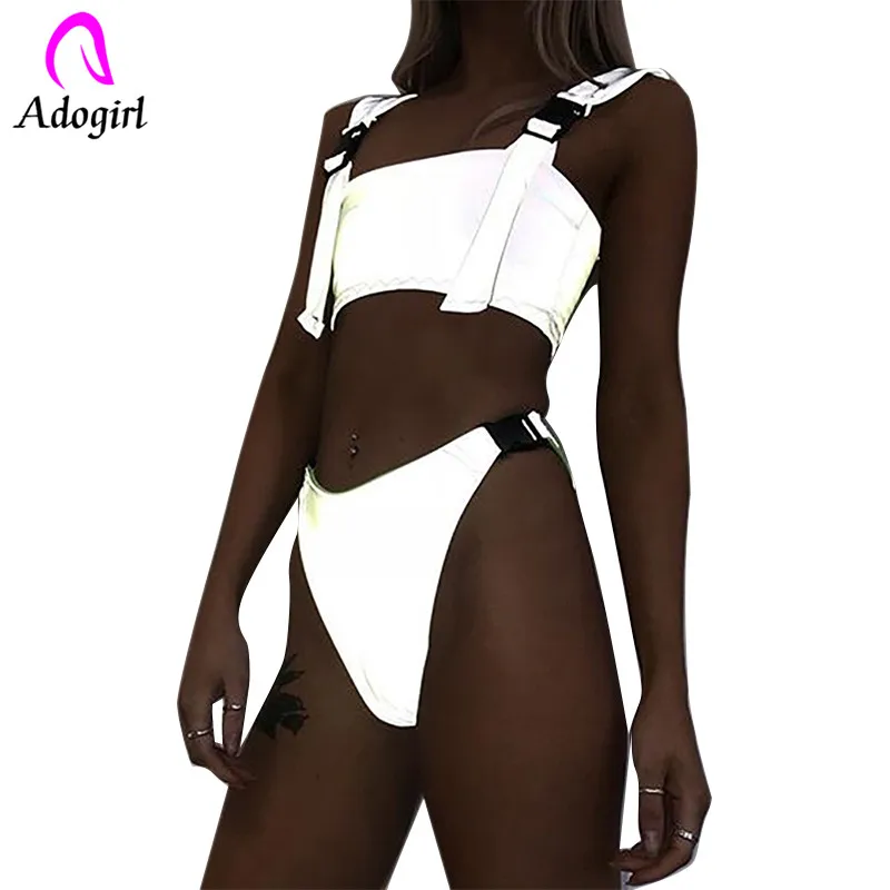 

Adogirl women sexy beach reflective swim clothing sets Bag buckles patchwork spaghetti strap two pieces sets night version suits