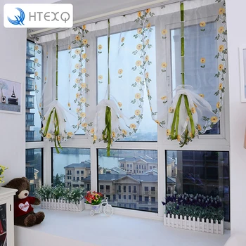 

HTEXQ 2018 New arrival tab top Sheer kitchen window curtain patchwork liftering roman blinds Hook processing