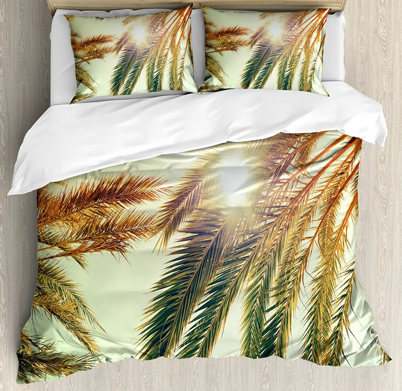 

Palm Leaf Duvet Cover Set Beaming Sun Through Tree Branches Retro Effect Exotic Holiday Vacation 4 Piece Bedding Set