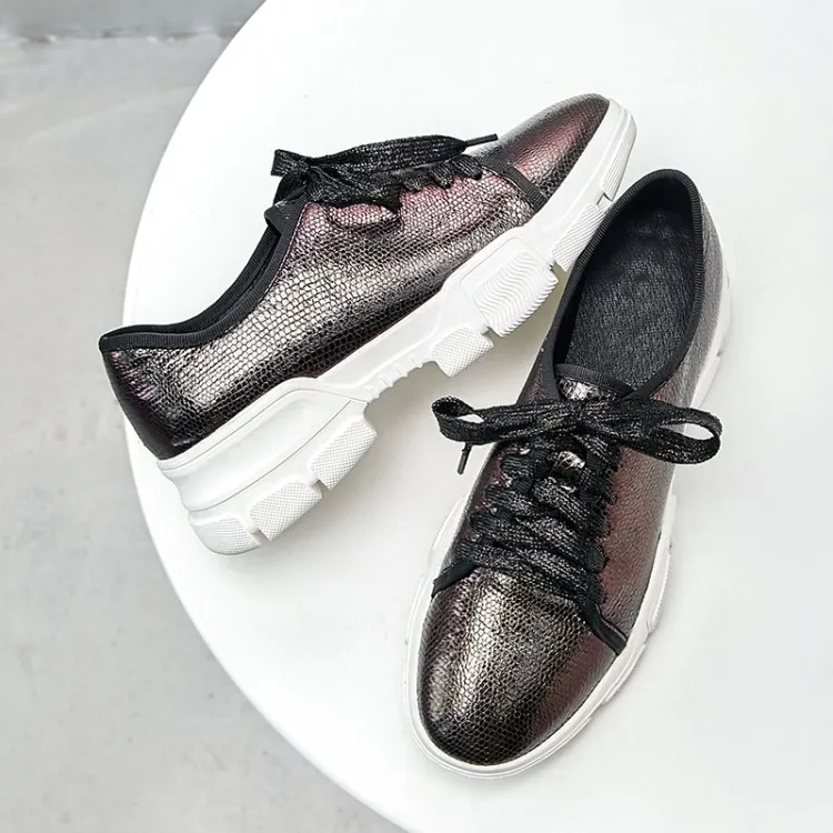 Mujer Femmes Chaussures De gun Plate Cuir Color Véritable Argent Peu forme Profonde Casual Appartements Zapatos Argent Lacent Plat Sneakers T1Jc35uFlK