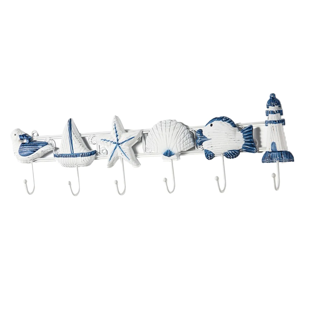  6-HOOK NAUTICAL STARFISH SEASHELL COASTAL SINGLE HOOK BATH TOWEL HOOK RUSTIC BLUE 5-10kg 