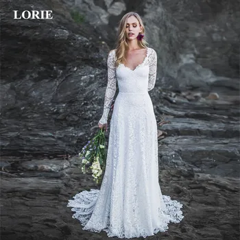 LORIE Wedding Dress 2019 Open Back Scoop neckline, Long Sleeve Wedding Dress, Lace Sleeves, Low Back Wedding Dresses purple lace details open back halter pajama dress with t back