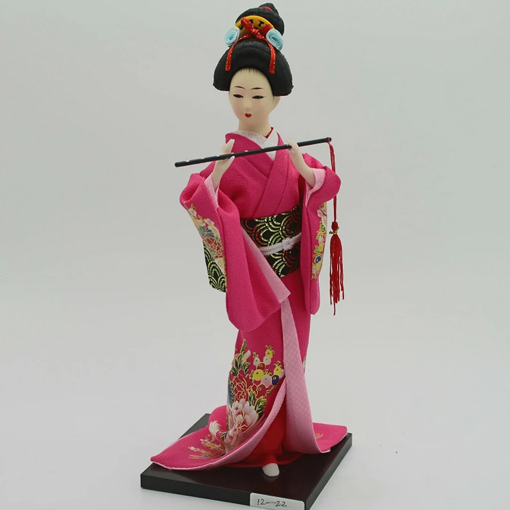Traditional Japanese Standing Geisha Doll Model Decor Wearing Rose Red Clothes & Flute