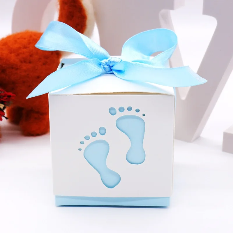 10 шт Детские лапки конфетные коробки мешок для сладостей Baby Shower Footprints на пляже любимая свободная лента для дня рождения свадьбы ребенка подарка - Цвет: blue