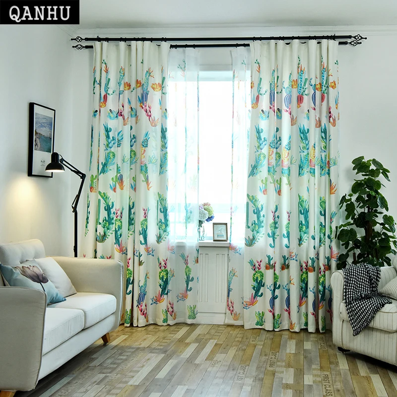 

QANHU Hot Sale Simple plant Design Colorful Window Curtain for Living Room and BedRoom cactus curtains tulle Factory outlet