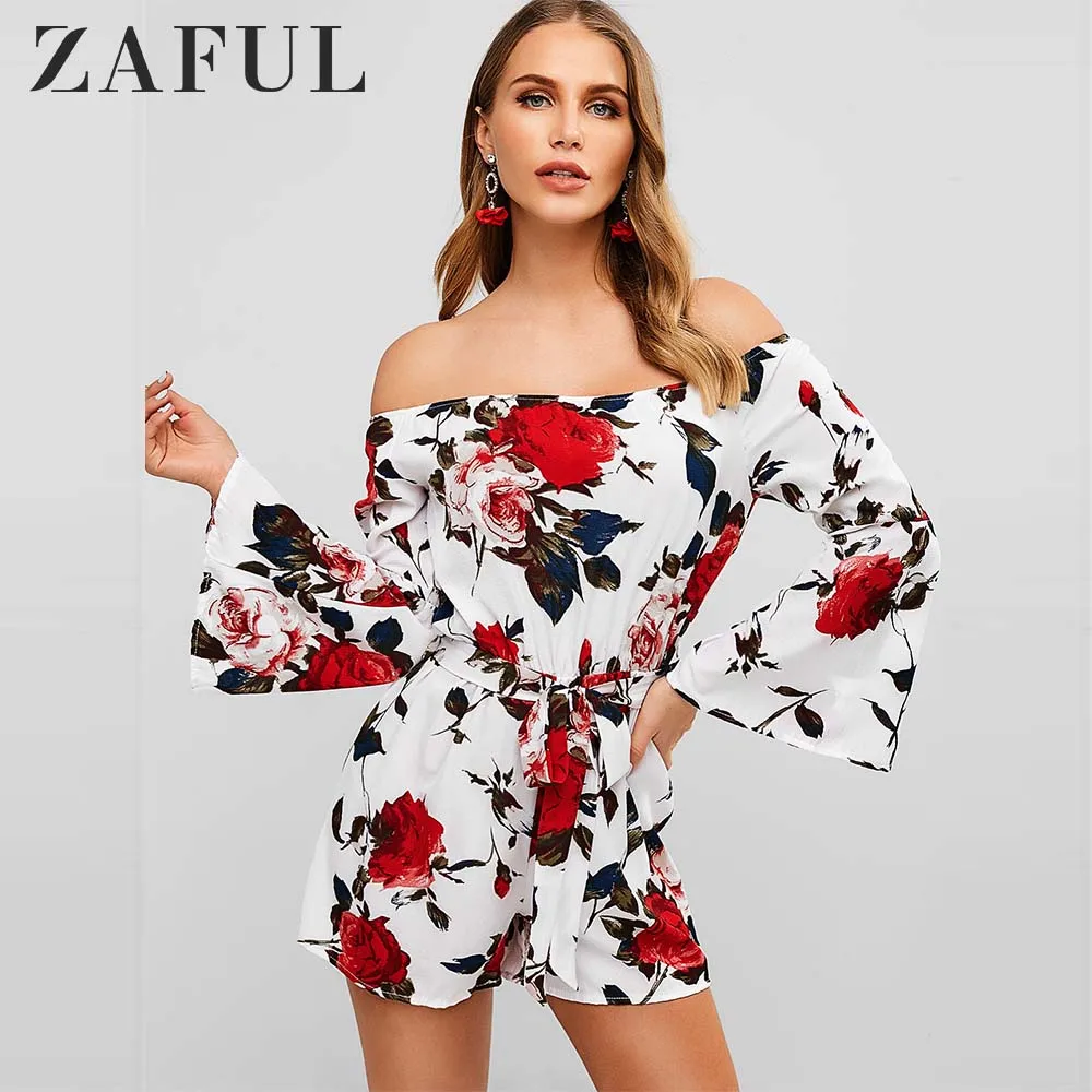 

ZAFUL Belted Off Shoulder Flower Romper Flare Sleeves Women Summer Playsuits Vacation Holiday Beach Jumpsuits Streetwear 2019