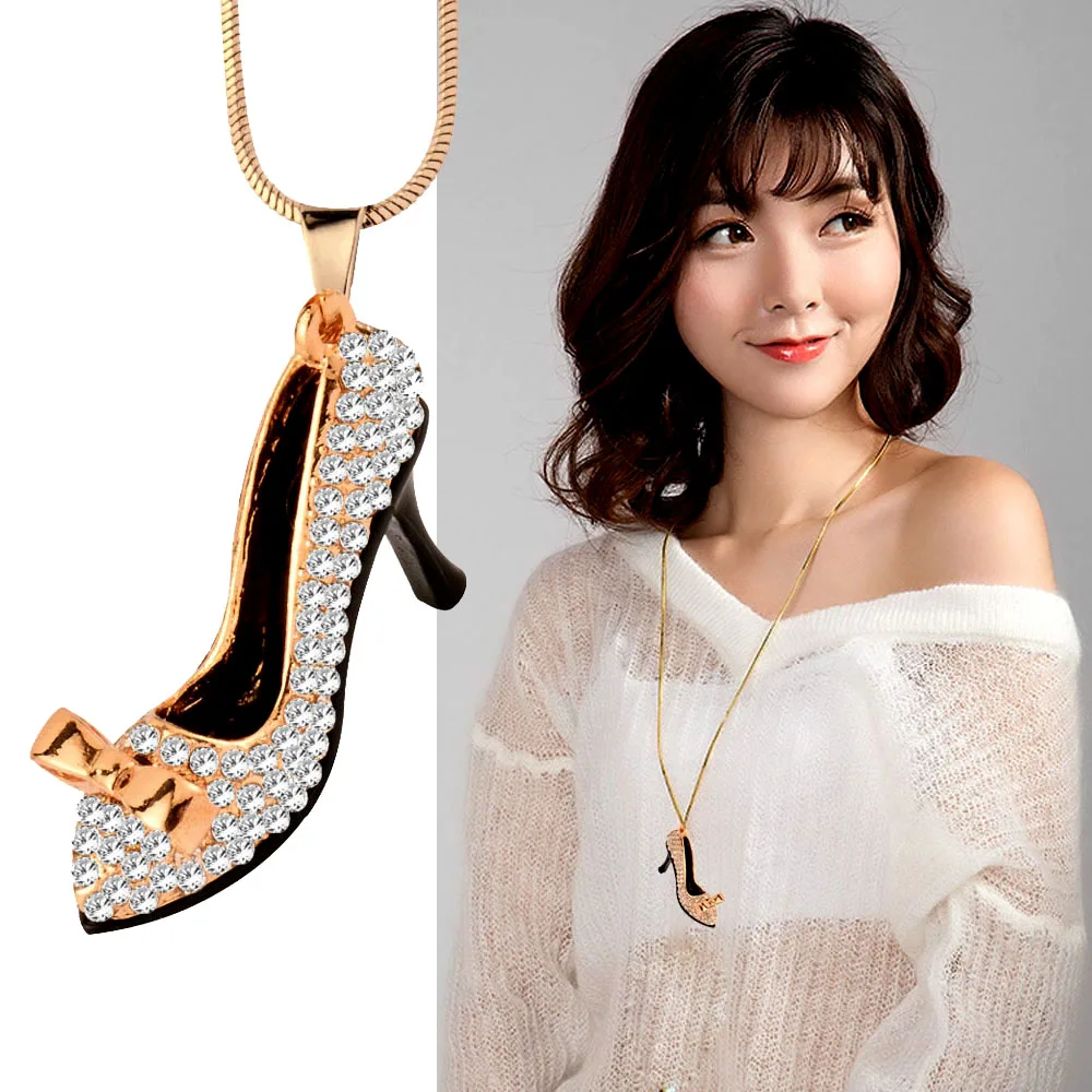 SINLEERY Charm Crystal High heel Shoes Pendant Long Necklace For Women