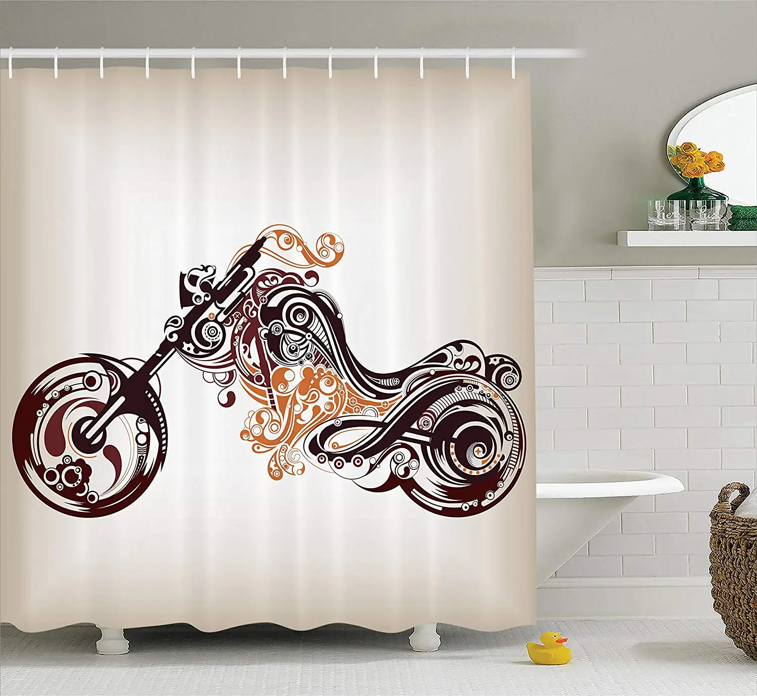 Manly Decor Shower Curtain Motorbike Shape With Decorative Curvy Lines