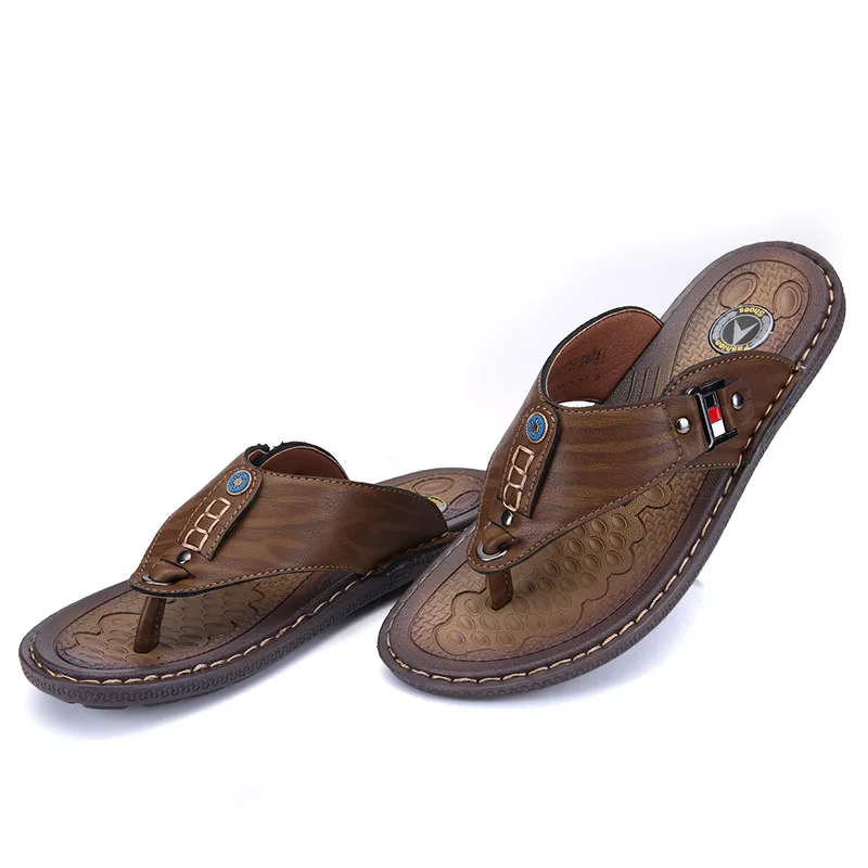 Merkmak Summer Slippers Sandals Men's Fashion Slip-on Solid Breathable Outdoor Casual Leather Men Footwear Flat Man Beach Shoes