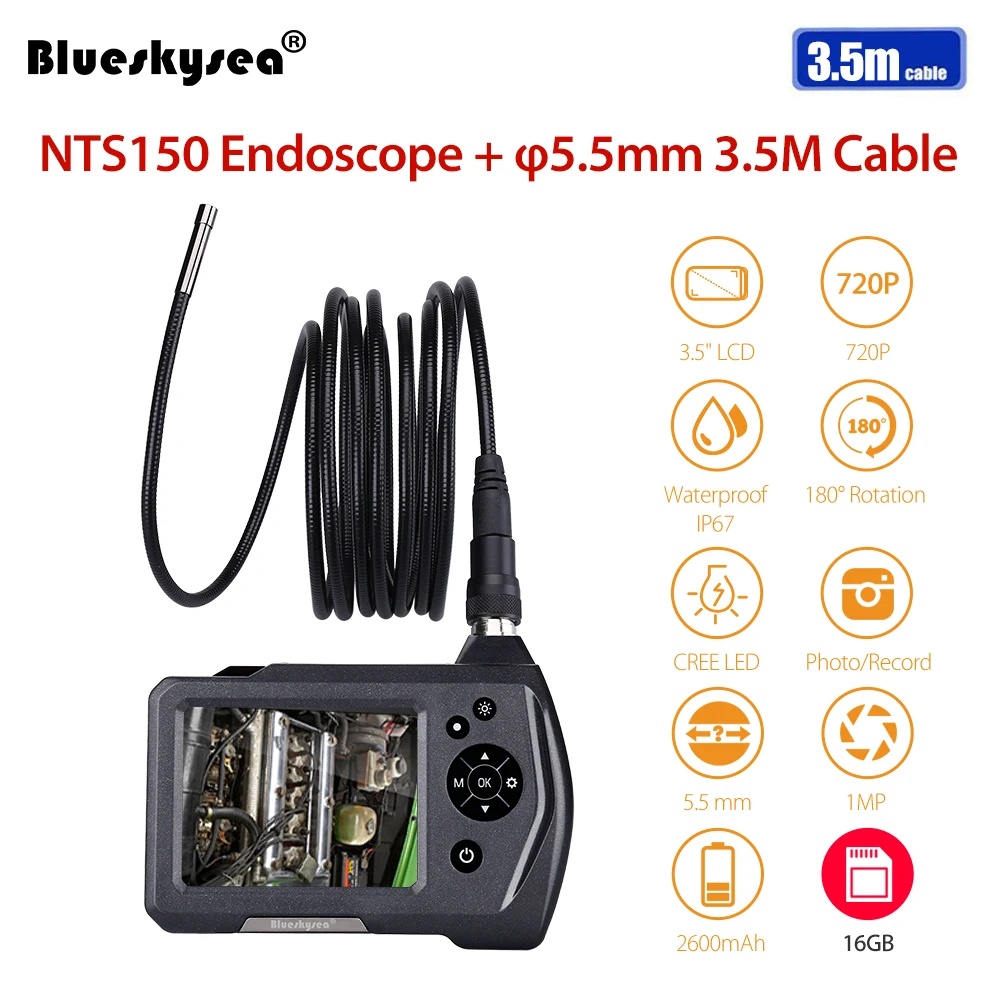 

Blueskysea NTS150 Endoscope Inspection Camera 3.5" LCD Monitor 5.5mm Diameter 3.5 Meters Tube 16GB DVR Borescope Zoom Rotate Fl