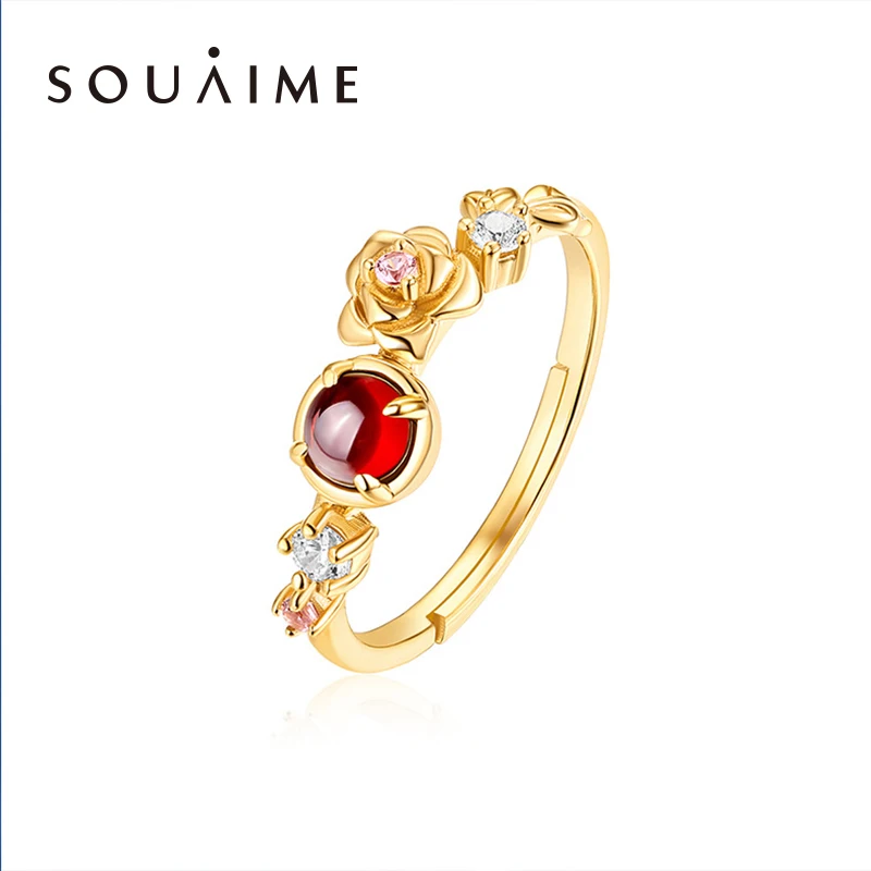 

SOUAIME S925 Sterling Silver Garnet Romantic Rose Jewelry Japanese And Korean Light Luxury Ring Female Adjustable For Woman Gift