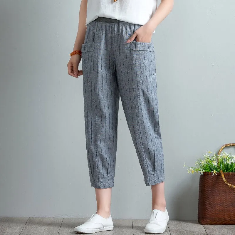 

2019 Summer Women Elastic High Waist Stripe Pockets Sweatpants Trousers Casual Plus Size Cotton Linen Harem Pants