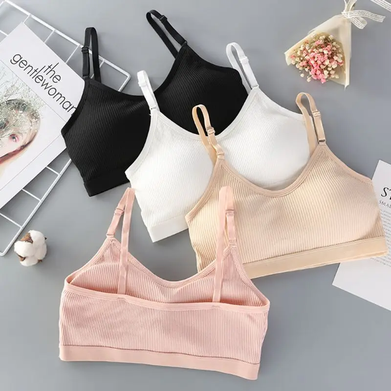 

Women Girl Sport Training Bra Thread Ribbed Solid Color Underwear Wireless Padded Cotton Bralette Seamless Thin Bandeau Crop Top
