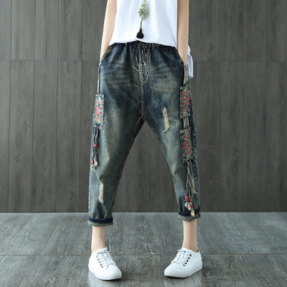 

Women Jeans Denim Pants Retro Vintage Casual Fashion for Summer Big Loose Embroidery Patchwork Elastic Waist AZ34191517