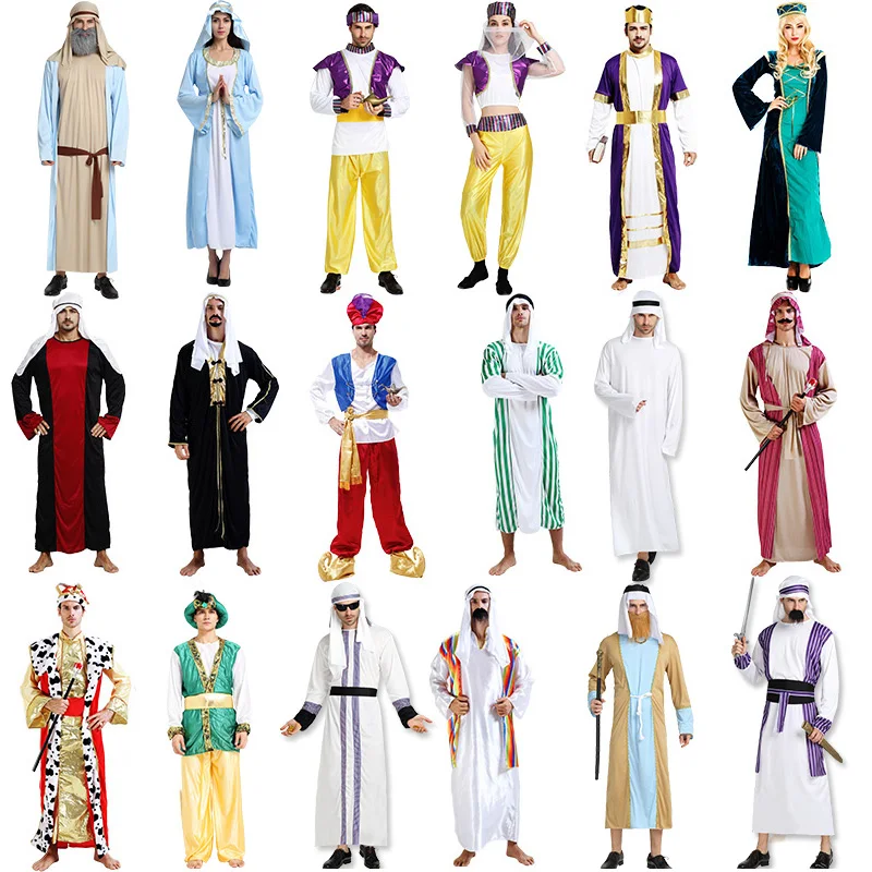 

Halloween cosplay Arab Aladdin India Arabian prince princess king Costume Middle East shepherd robe carnival fancy men women