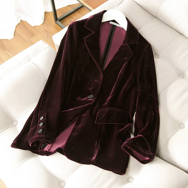Осеннее Чистое Шелковое пальто шелк велюр тутового цвета женский свободный блейзер с длинными рукавами M L