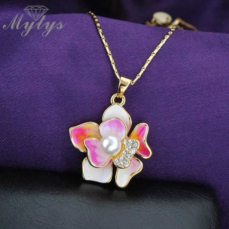 

Mytys Drop shipping Pink Color Enamel Flower Pendant Necklace Pearl Jewelry for Women N41
