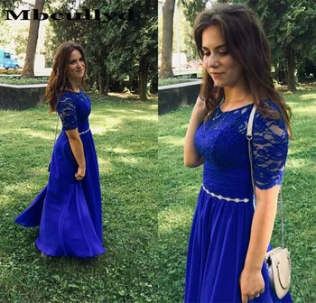 

Mbcullyd Sheer Scoop Neck Prom Dresses Long 2019 A Line Flowing Chiffon Applique Lace Girls Evening Dress With Short Sleeves