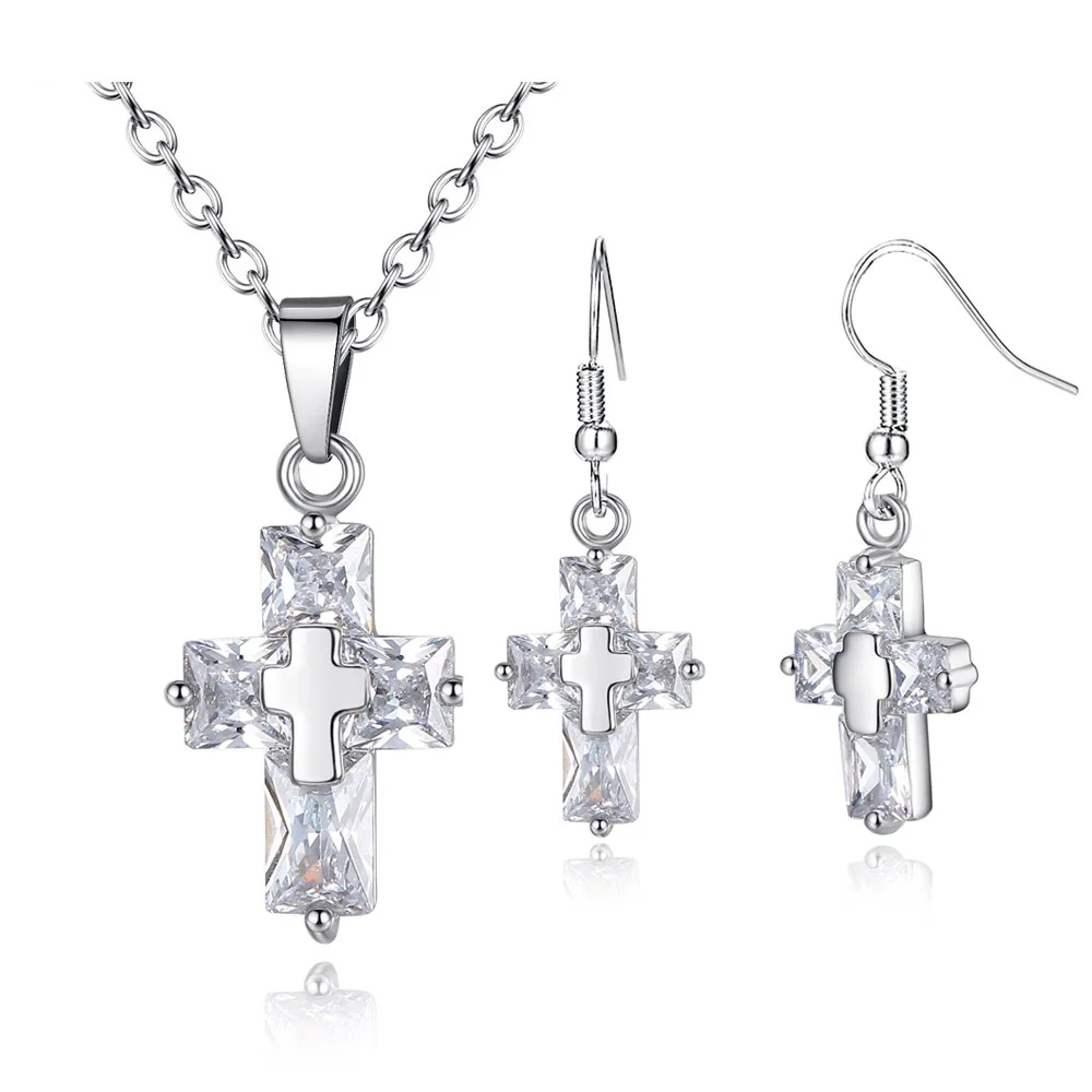 

2019 New Silver Gold Rose Gold Color AAA Cubic Zirconia Cross Pendant Necklace Hook Earring Jewelry Set for Women Cross Jewelry