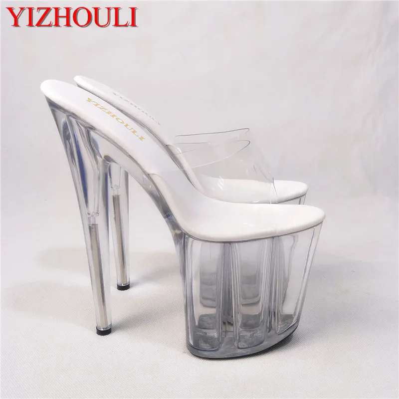 8 inch, clear high heel sandals sexy glass slipper low 20 cm thin heel club high heel slipper