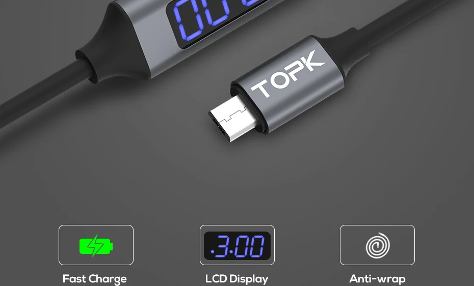 TOPK 1 м Micro USB кабель напряжение и ток дисплей синхронизации данных USB кабель для samsung Xiaomi huawei кабель Microusb