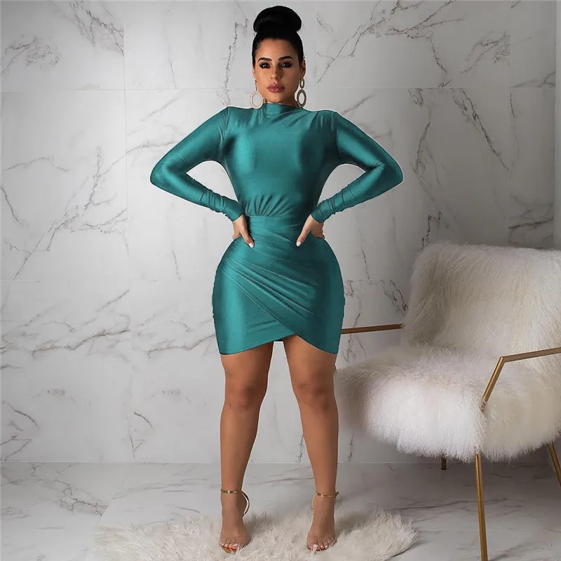 ANJAMANOR Green Long Sleeve Bandage Dress Elegant Sexy Ruched Mini Bodycon Dresses Woman Party Night Clubwear D35-AB64