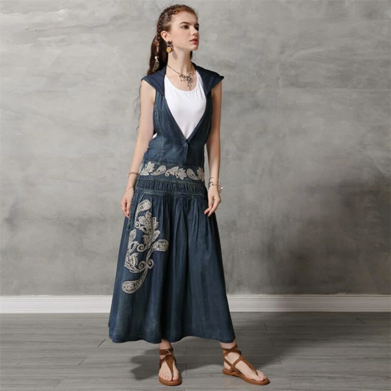 

Hot Sale Fashion Women Casual Autumn Hooded Sleeveless Denim Dress Vintage Embroidered Strap Slim fit Waist Long Dress Vestidos