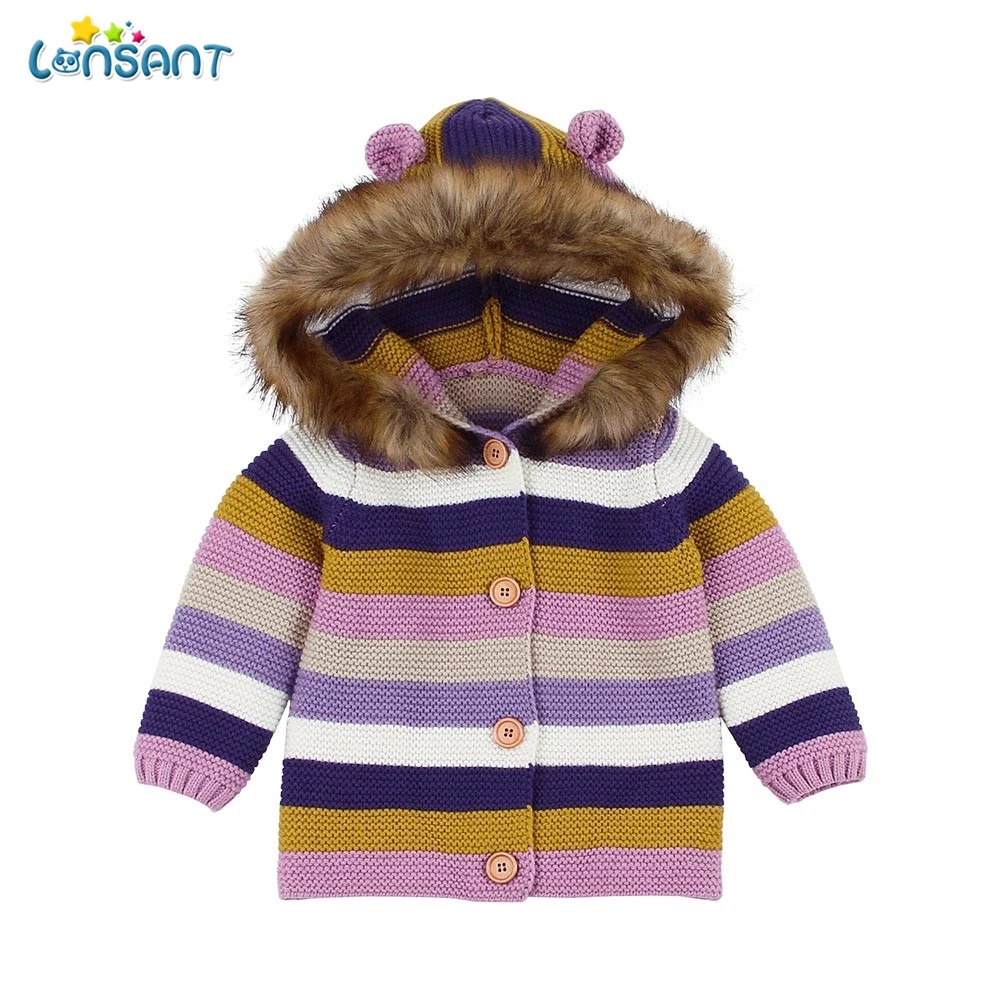 

LONSANT 2018 autumn winter Baby Girls boy Sweater Toddler kid Long Sleeve Striped Jackets Hooded Knitted Tops Warm Coat Clothes