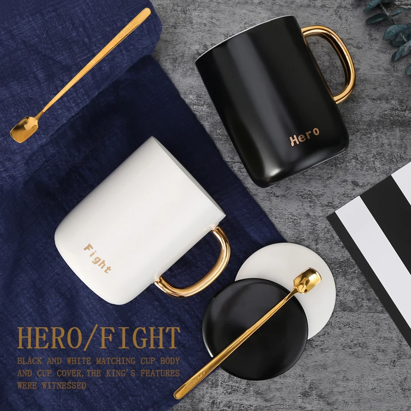 

Creative Office New Bone China Cup Coffee Mugs Large Capacity Simple Couple with Lid with Spoon Elegant Hero Mugs
