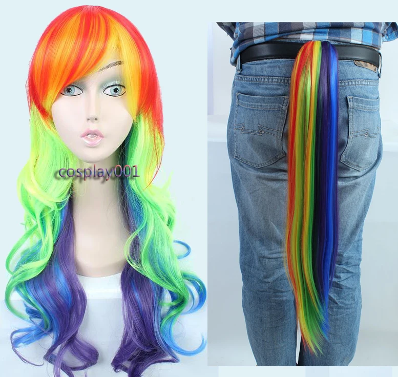 

My Little Pony Rainbow Dash Cosplay Wig 65cm Long Curly Wavy Heat Resistant Synthetic Hair Wigs + Wig Cap