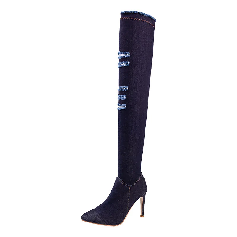 

Autumn and winter over the knee boots high boots elastic boots stiletto pointed high heel wild boots dark blue ljj 1022