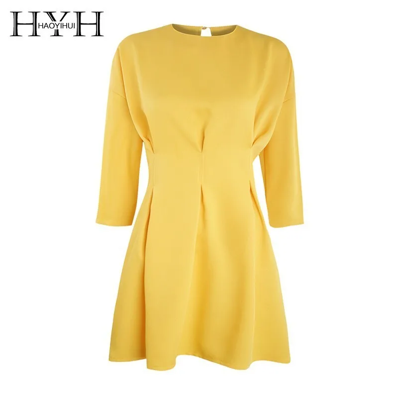 

HYH Haoyihui Femme Stylish Simple Elegant Intellectual Office Lady Round Neck Zippers Pleated Yellow Graceful Mini Dress