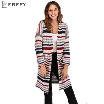 

LERFEY Autumn Winter Women Long Knitted Cardigan Warm Pull Femme Long Sleeve Crochet Long Striped Sweaters Tops New Knitwear