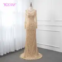YQLNNE Gold Long Sleeve Evening Dress 2019 Mermaid Crystals Beading Pageant Dresses Robe de Soiree