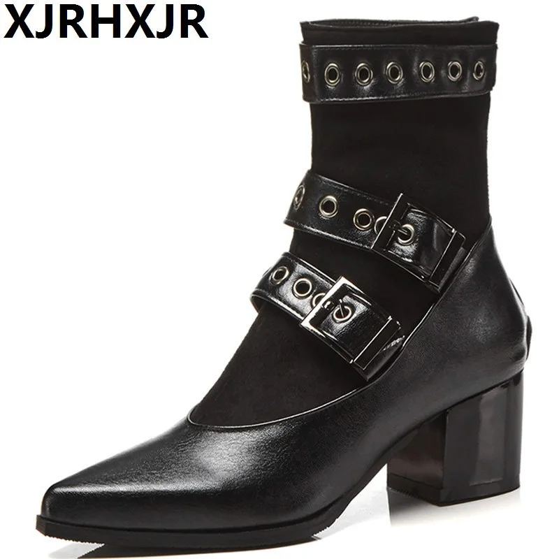 

XJRHXJR New Plus Sizes 32-48 Pointed Toe Buckles Band Shoes Women Fashion Hoof Heels Short Boots Woman Cool Black Boots