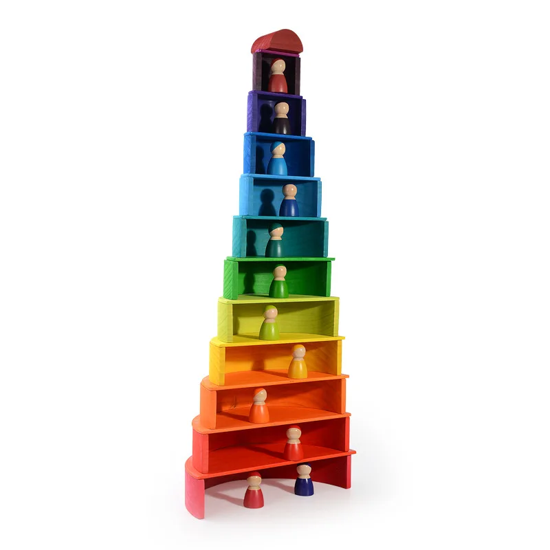 Agirlgle Wooden Rainbow Building Blocks Cube Gem Stacking Blocks Toy -  Colorful Montessori Rainbow Stacker Toy Elegant Wood Rainbow Cube Blocks
