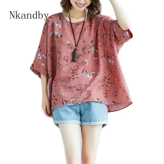 

Nkandby Extra Large size Chiffon Female Shirts Tops 2019 Summer Woman Fashion Batwing sleeve Loose Plant Printing Blusas 7XL 6XL