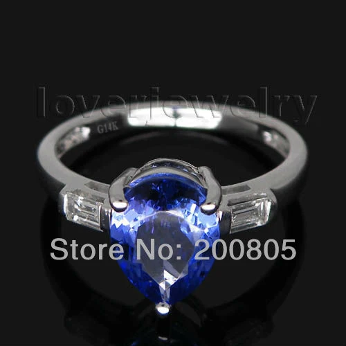 

Vintage Pear 7x9mm Solid 14Kt White Gold Tanzanite Ring,Natural Baguette Diamond Tanzanite Ring 585 White Gold For Sale